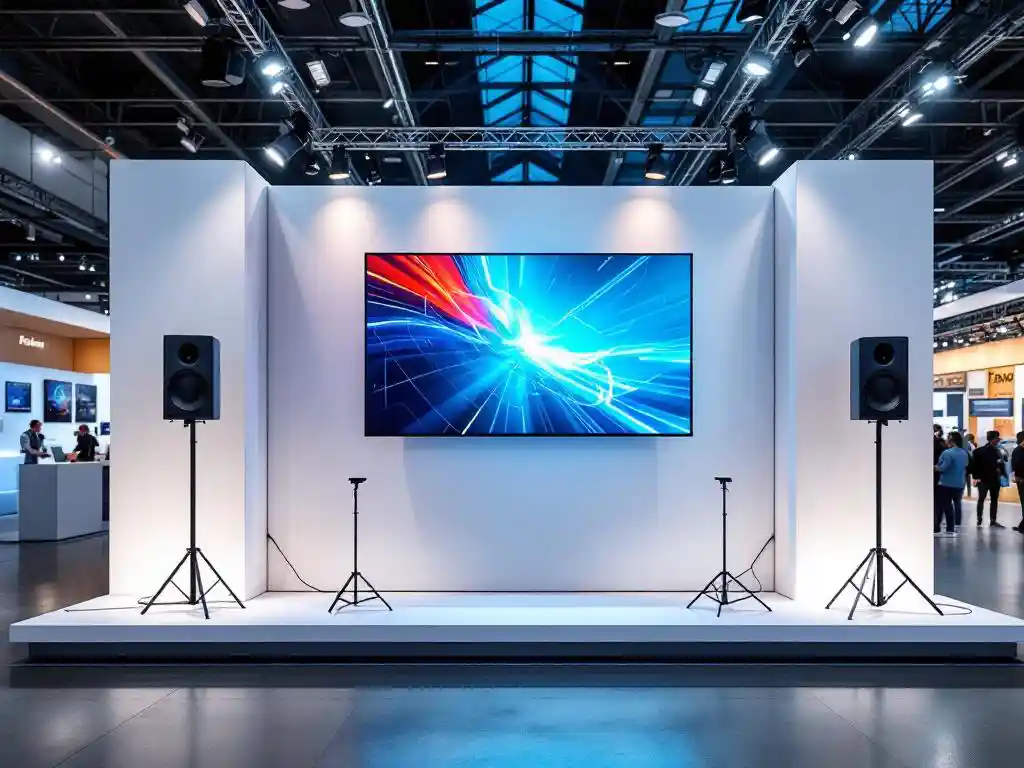 Moderne Messebooth mit LED-Display, Lautsprechern und Beleuchtung in der Frankfurter Messe Ausstellungshalle