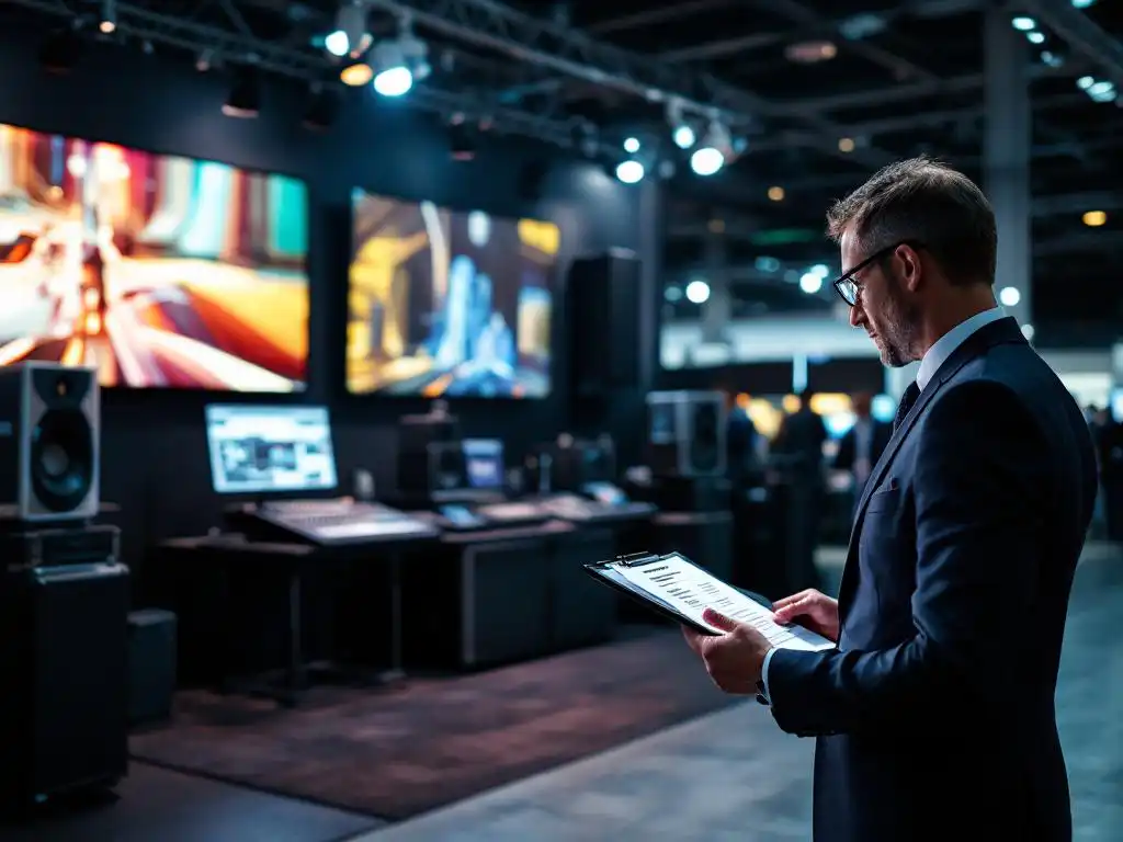 Geschäftsmann prüft Mietrechnung für professionelle AV-Ausrüstung an Messestand mit LED-Bildschirmen und Mischpulten