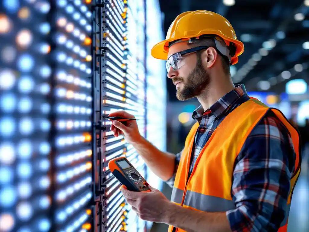 Elektriker mit Schutzbrille und Warnweste prüft LED-Anzeigentafel mit Multimeter auf Fachmesse