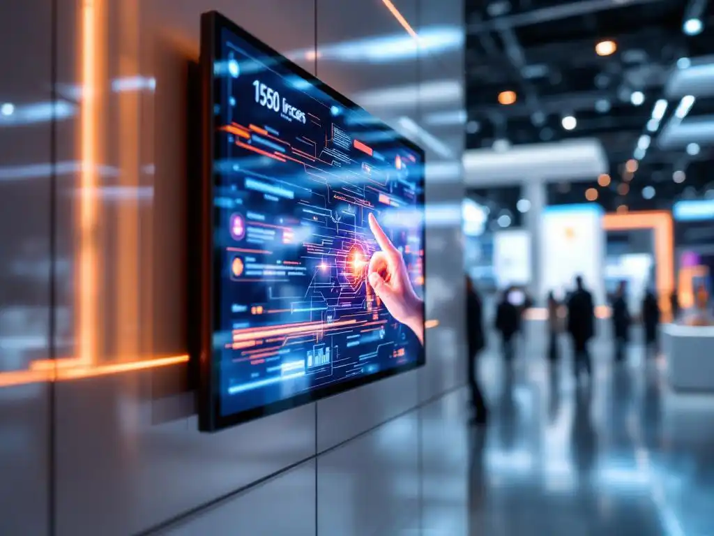 Interaktiver Touchscreen an moderner Messestand-Wand mit Fingergesten und Bewegungsunschärfe in futuristischer Ausstellung