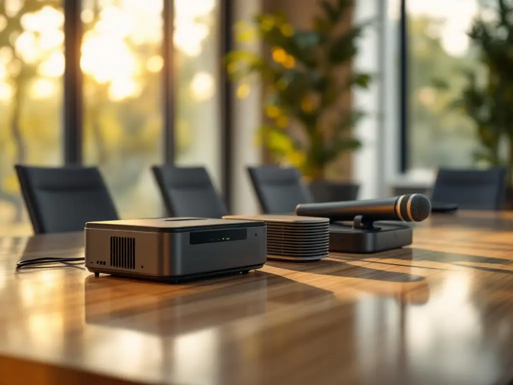 Moderne Konferenzraumausstattung mit drahtlosem Präsentationsgerät, kompaktem Projektor und professionellem Mikrofonsystem auf Tisch