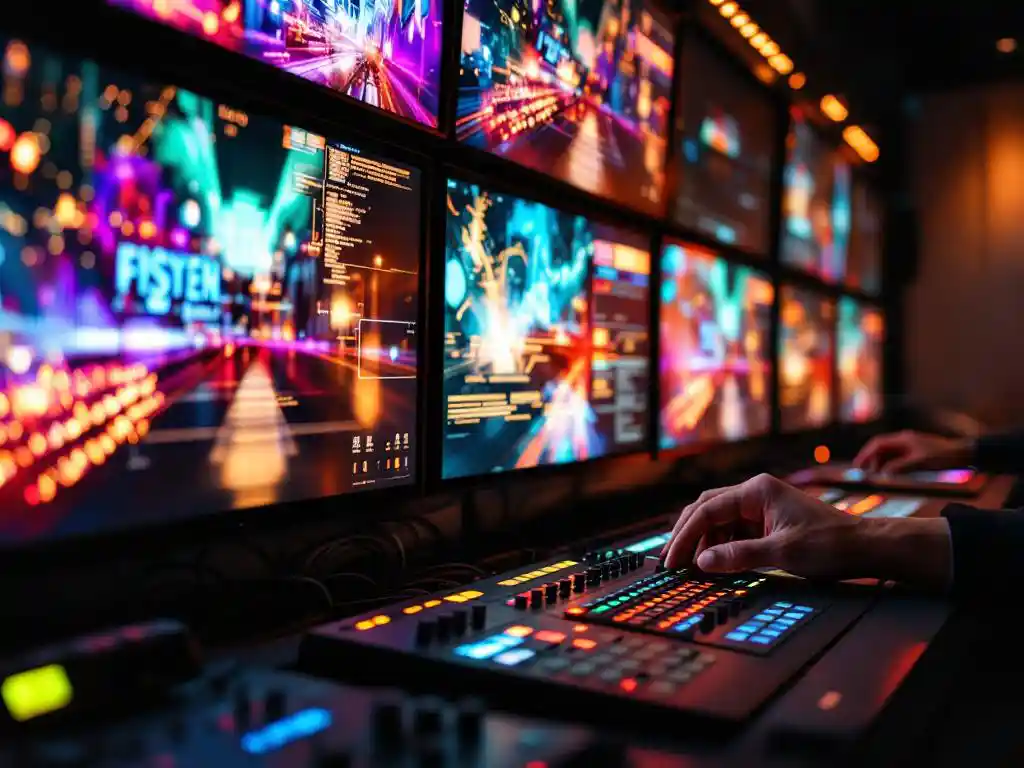 Techniker bedient Kontrollpanel vor mehreren LED-Bildschirmen in professionellem Kontrollraum mit synchronisierten Inhalten