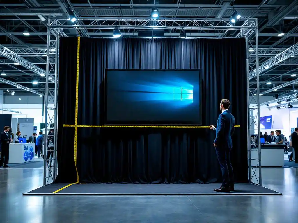 Geschäftsperson misst LED-Display-Bildschirm an professionellem Messestand in moderner Ausstellungshalle