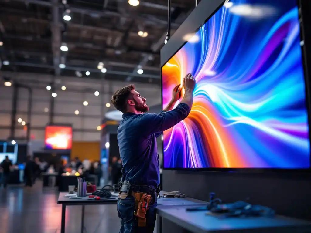 Techniker installiert LED-Display an modernem Messestand in Ausstellungshalle mit professionellem Werkzeug