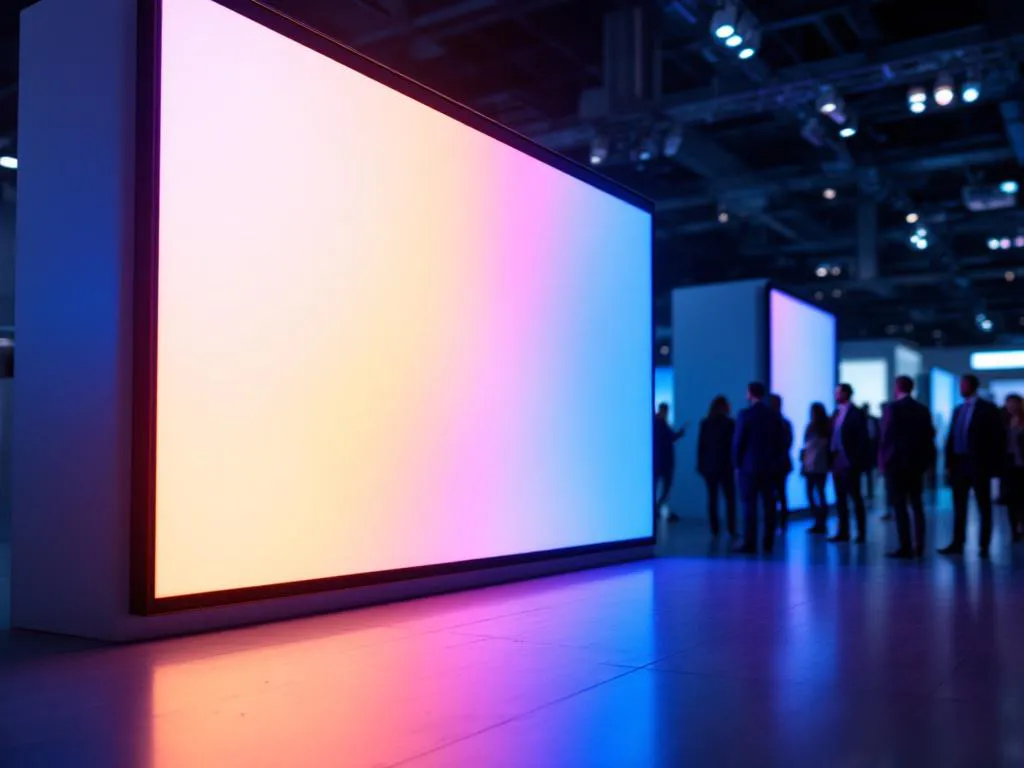 LED-Display-Panel mit warmem Amber- zu kühlem Blaulicht-Farbverlauf auf Messe-Stand, Geschäftsleute betrachten Bildschirmqualität