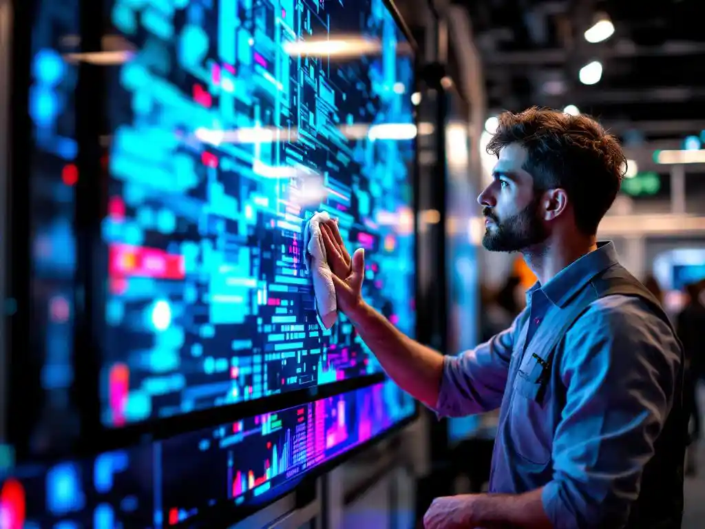 Techniker reinigt LED-Display mit Mikrofasertuch auf Messe, bunte Pixel und Diagnose-Grafiken sichtbar