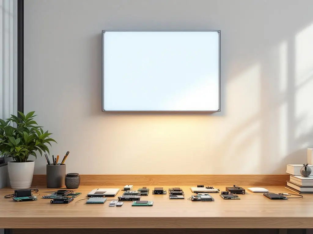 LED-Panel an weißer Wand montiert mit kleineren LED-Modulen auf Holzschreibtisch, warmes Licht in professionellem Arbeitsplatz