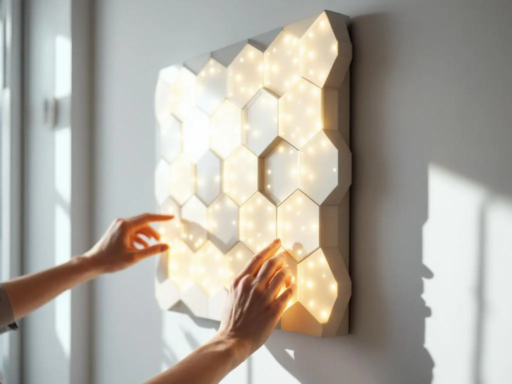Modulares LED-Panel-System mit sechseckigen Modulen an weißer Wand, Hand justiert interaktive Beleuchtung