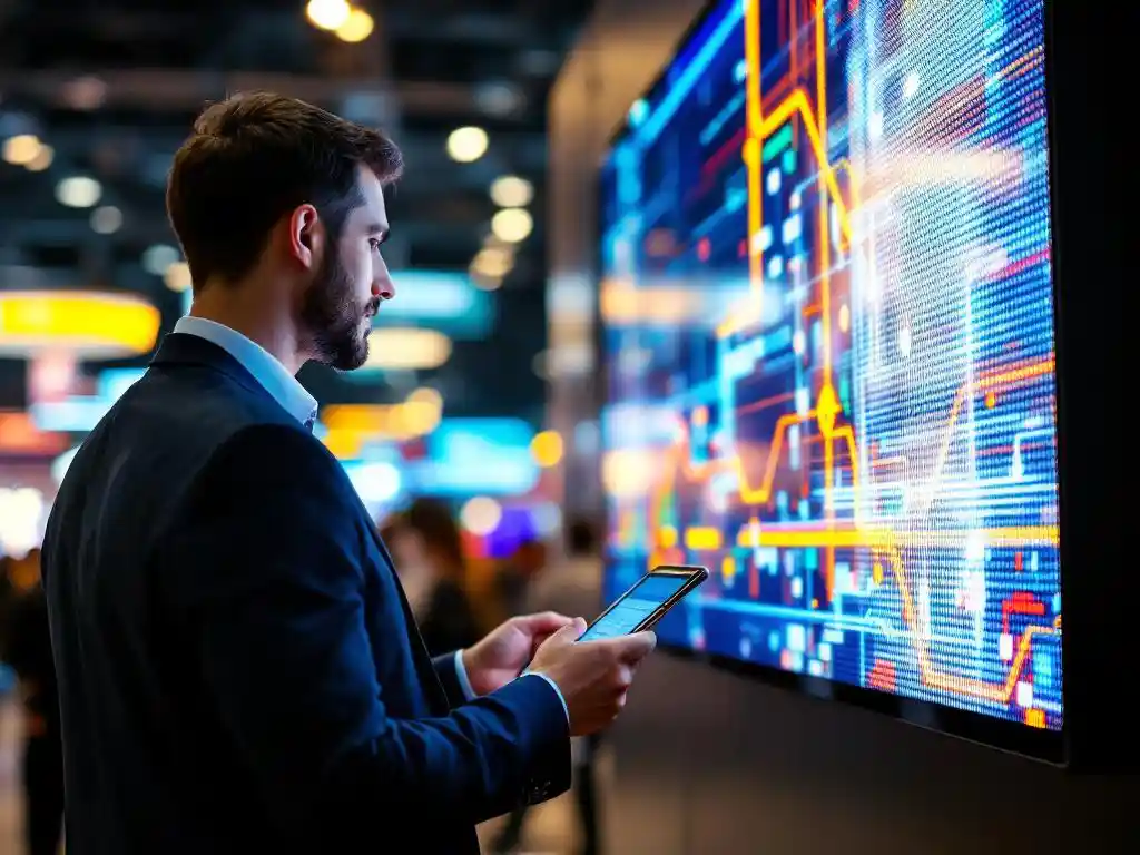 Professioneller Eventplaner mit Tablet vor leuchtender LED-Videowand auf Messe, andere Messestände im Hintergrund