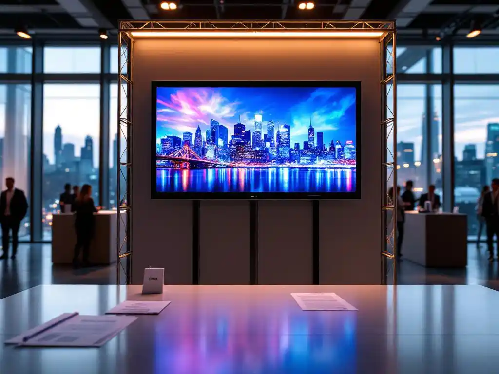 LED-Videowand zeigt bunte digitale Inhalte auf Messestand mit Preisschildern, Frankfurt Skyline im Hintergrund