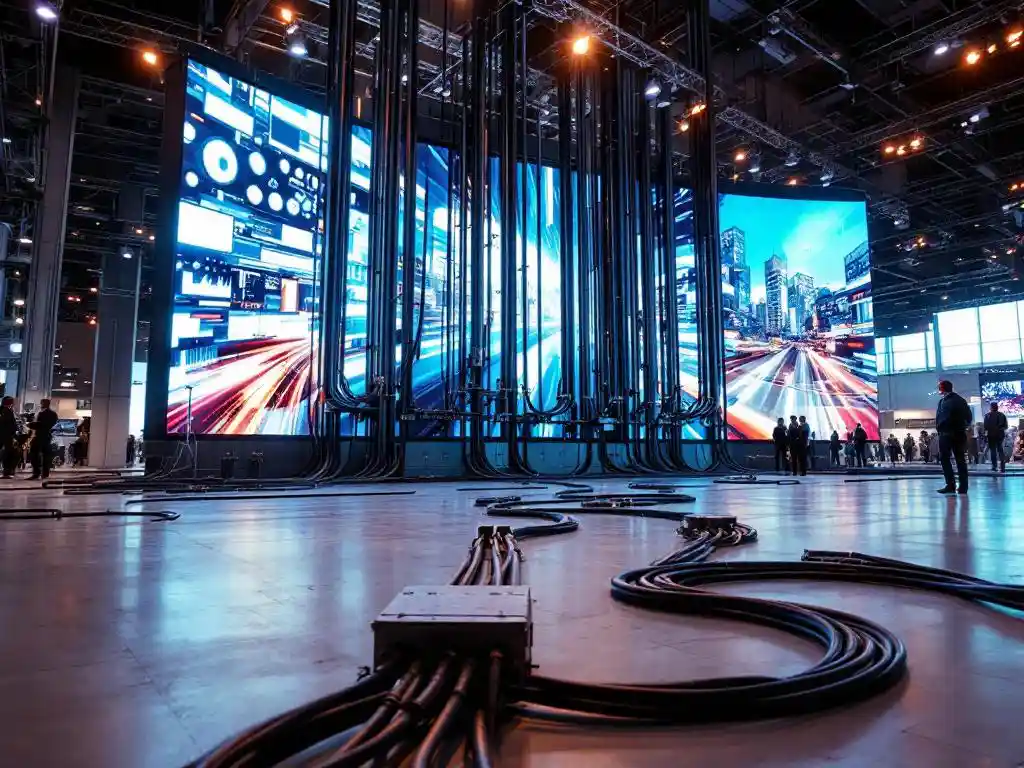 Große LED-Videowand mit schwarzen Stromkabeln und Verteilern auf Messeboden bei Ausstellungsbeleuchtung