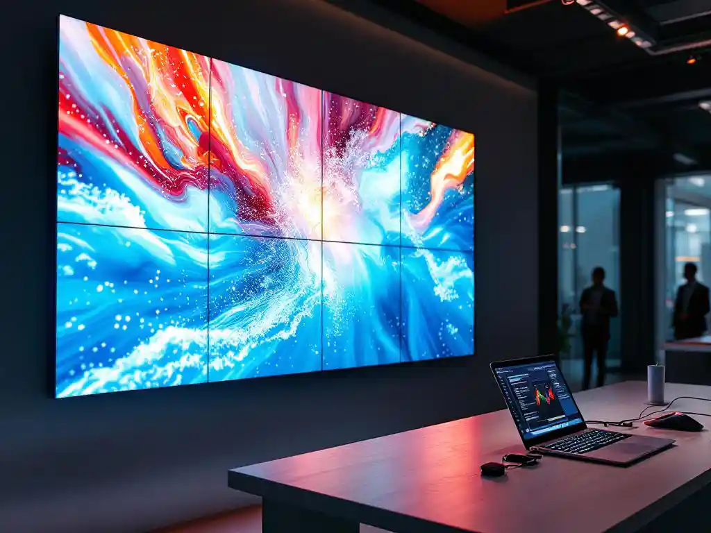 LED-Videowand zeigt lebendige digitale Inhalte in modernem Präsentationsraum mit Laptop-Steuerung