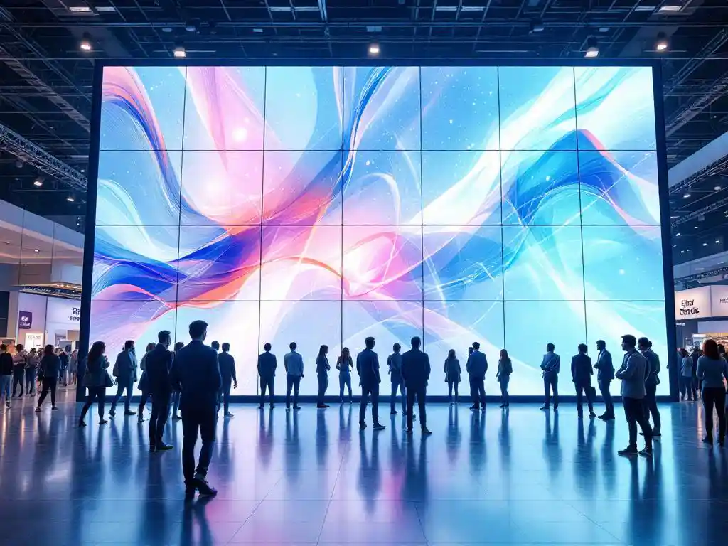 Große LED-Wand mit hochauflösender Anzeige auf Messe, Besucher betrachten lebendige Bildschirmqualität im modernen Messezentrum