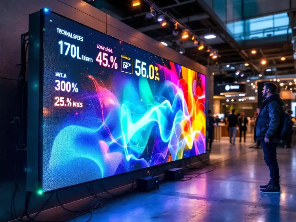 Große LED-Videowand mit technischen Spezifikationen auf Messestand, Kabel und Stromversorgung sichtbar am Boden