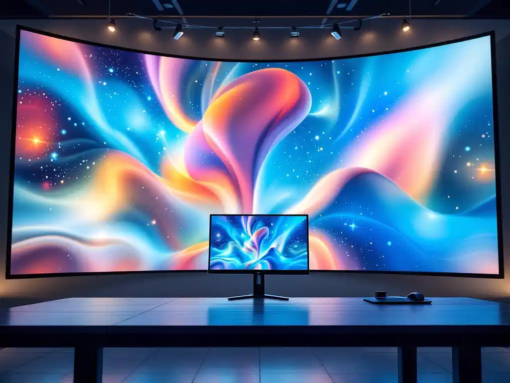 Große gebogene LED-Wand mit lebendigen Farben hinter kleinem LCD-Monitor auf modernem Schreibtisch in Büroumgebung
