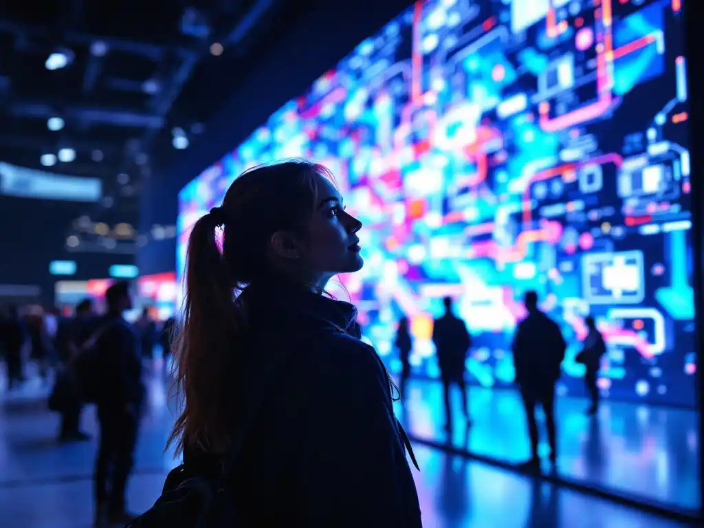 Messebesucherin betrachtet fasziniert große LED-Wand mit Produktdemonstrationen auf moderner Ausstellungsmesse