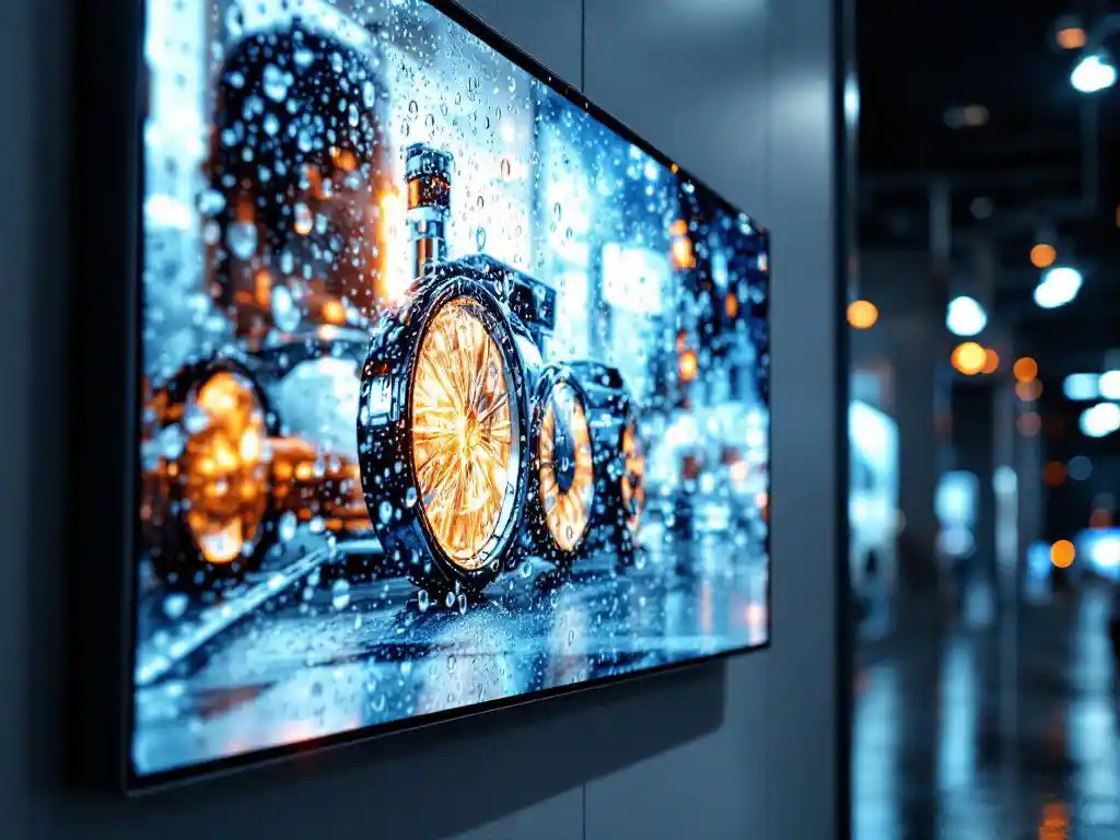 LED-Wanddisplay mit Wassertropfen auf Schutzglas zeigt lebendige Produktbilder auf moderner Messewand