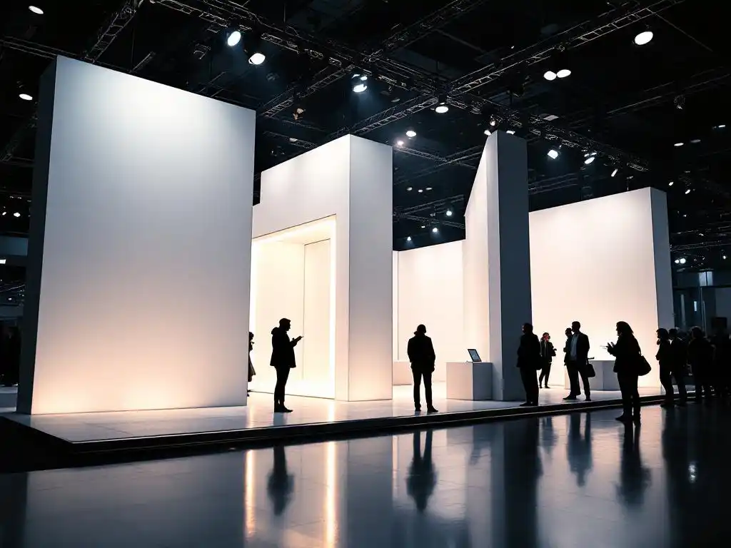 Moderner Messestand mit dramatischer LED-Beleuchtung und weißen Displays, Besucher betrachten beleuchtete Ausstellung