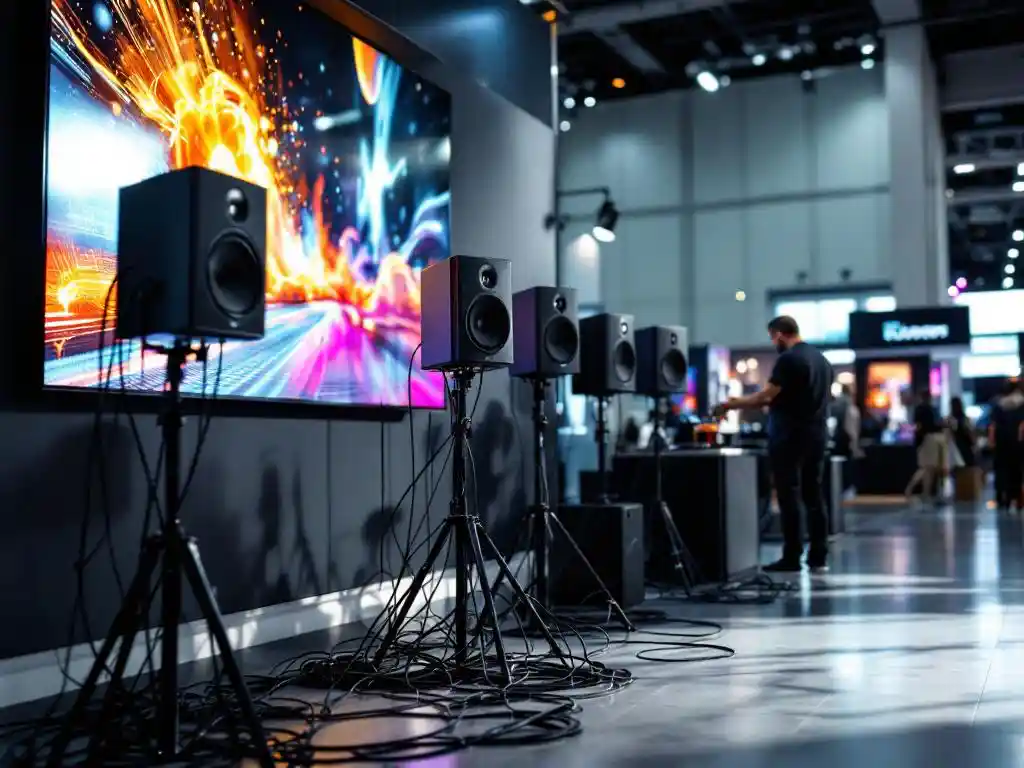 Techniker organisiert Audiokabel an professionellem Messestand mit LED-Display und Lautsprechern auf schwarzen Ständern