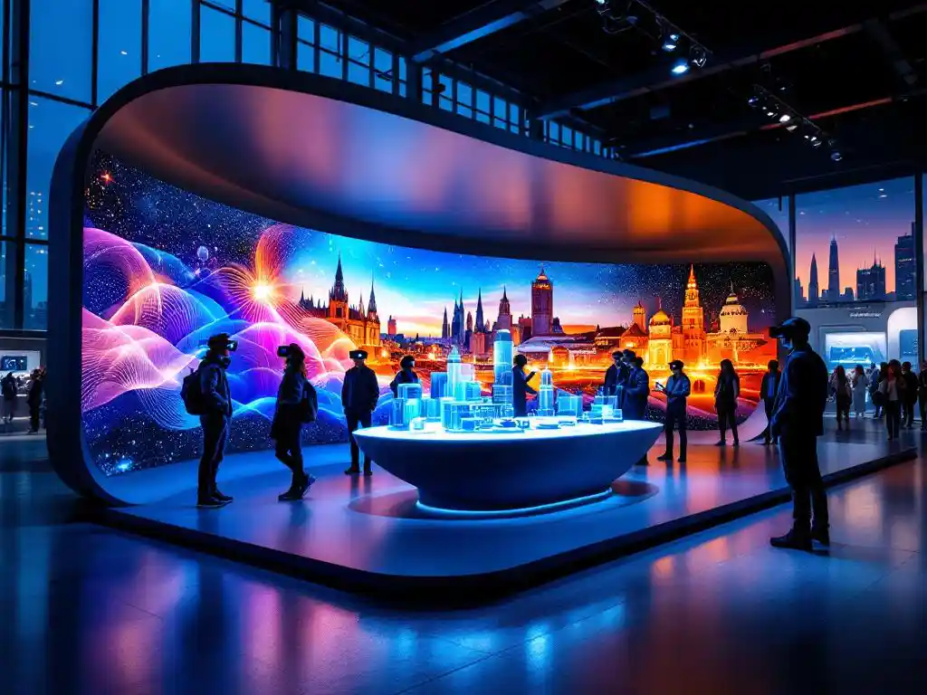 Moderner Messestand mit LED-Videowand, holografischem Tisch und VR-Besuchern vor Frankfurter Skyline