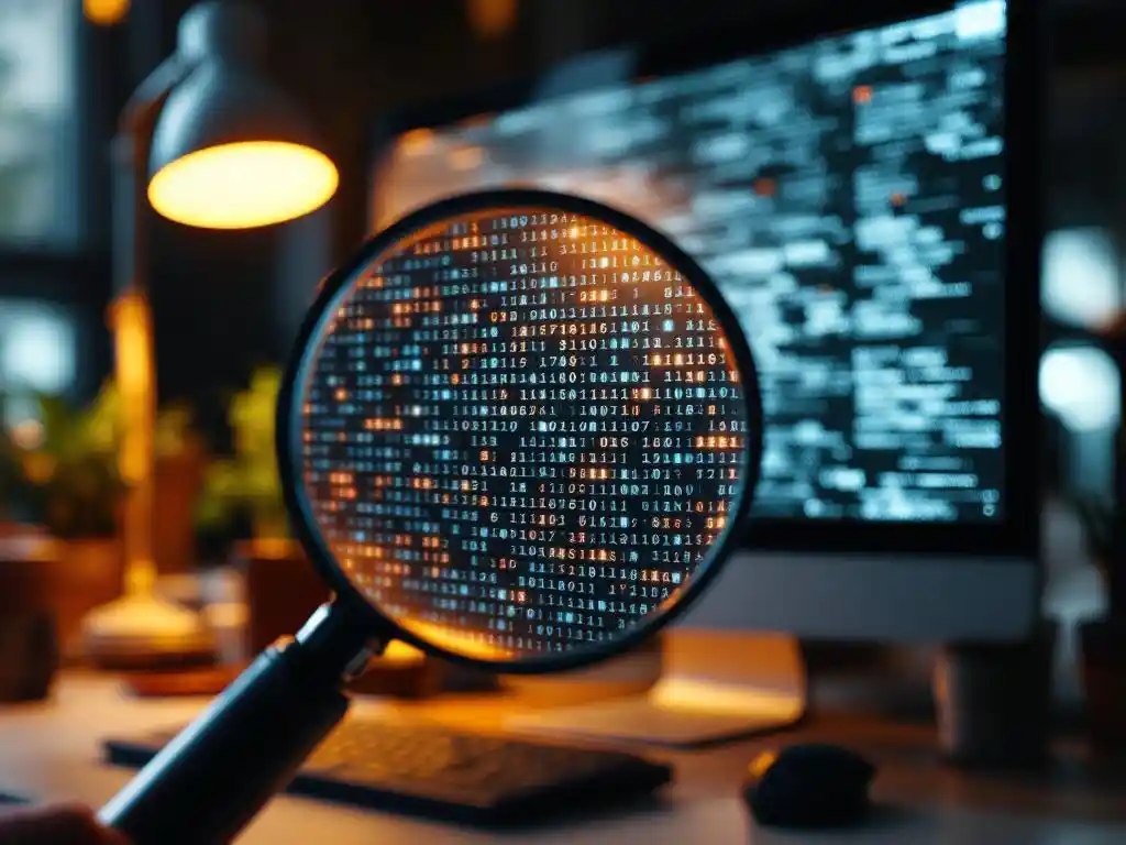 Lupe zeigt Pixel auf Computermonitor mit digitalem Foto, warmes Licht von links, scharfe Details sichtbar