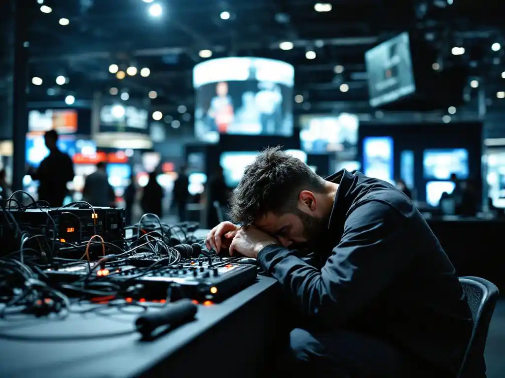 Frustrierter Veranstaltungstechniker kniet neben verhedderten Audiokabeln und defekter Präsentationstechnik auf Messe