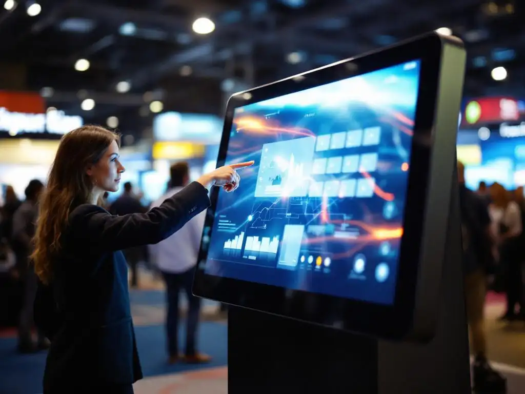 Touchscreen-Kiosk auf Messe mit Besuchern, die interaktiv mit dem Display arbeiten, lebhafte Messehalle im Hintergrund