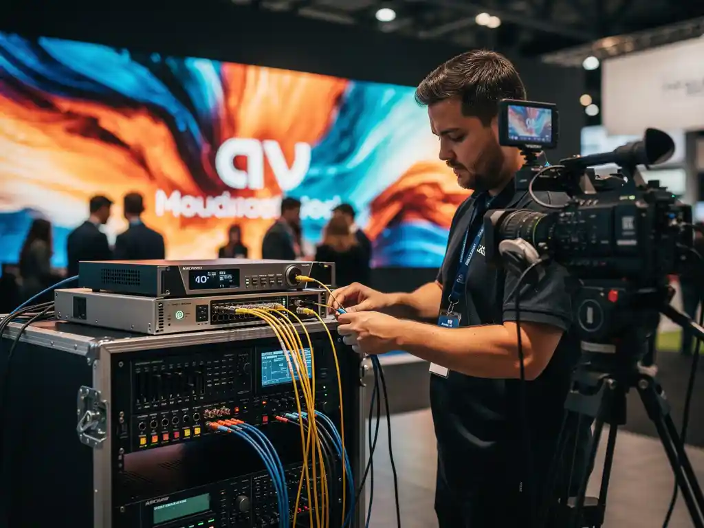livestreaming-techniker-messe-broadcast-encoder.jpg AV-Techniker verbindet Glasfaserkabel zwischen Live-Streaming-Encoder und Broadcast-Mixer auf einer Messe, LED-Videowand im Hintergrund.