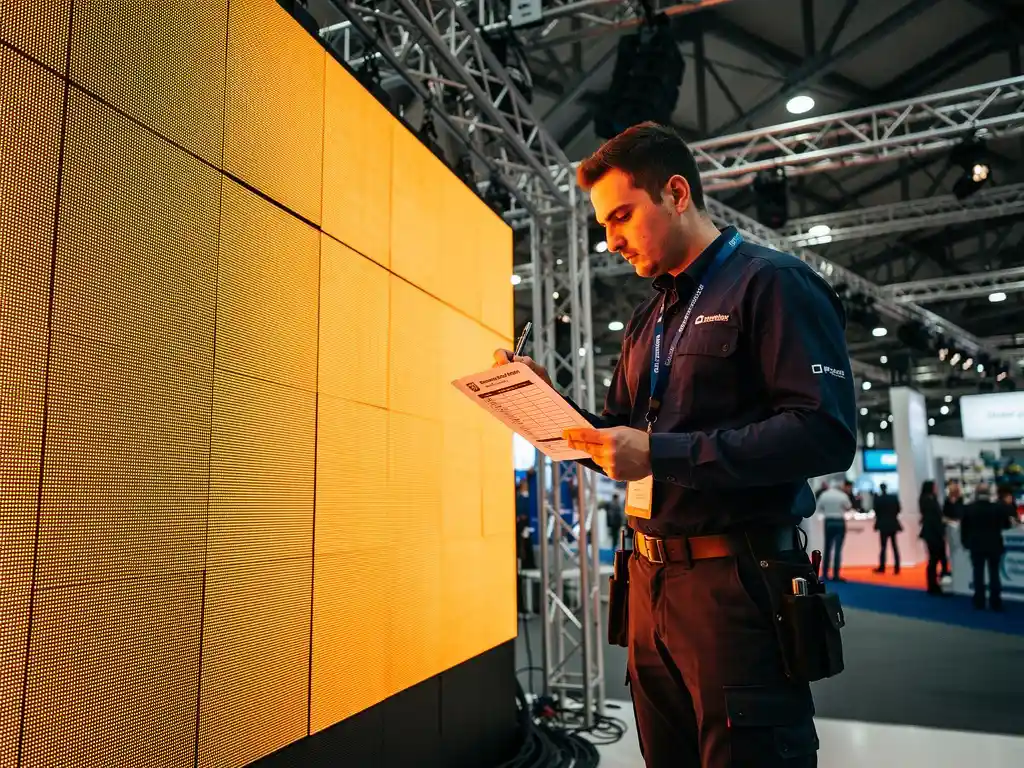 AV-Techniker prüft Compliance-Checkliste vor einer leuchtenden LED-Videowand auf einer europäischen Fachmesse.