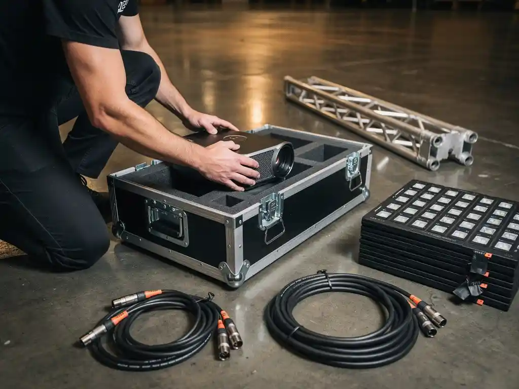 AV-Techniker verpackt Hochleistungsprojektor in gepolstertem Flightcase, umgeben von XLR-Kabeln und LED-Panel-Modulen im Lagerhaus.
