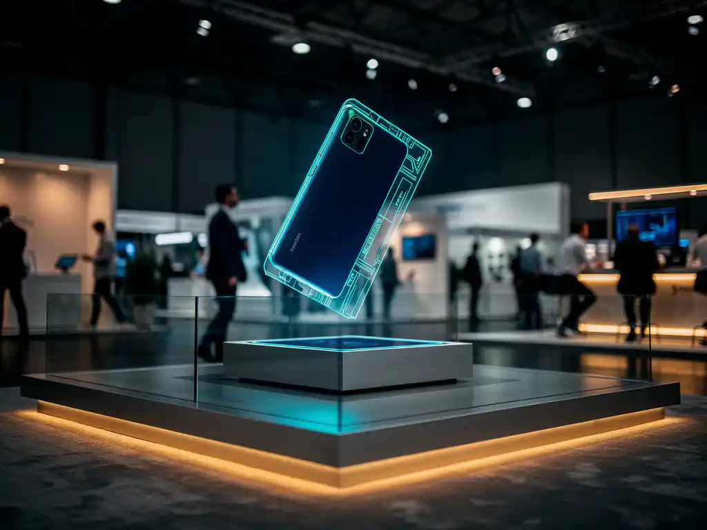 Holografische 3D-Produktpräsentation über einem Messestand in navyblauem Licht mit cyan-farbener Projektion und Besuchern im Hintergrund.