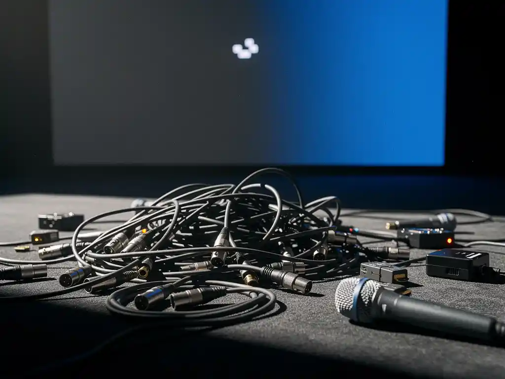 Verwirrte XLR- und HDMI-Kabel auf dem Boden einer dunklen Messehalle, LED-Wand mit totem Pixelcluster im Hintergrund.