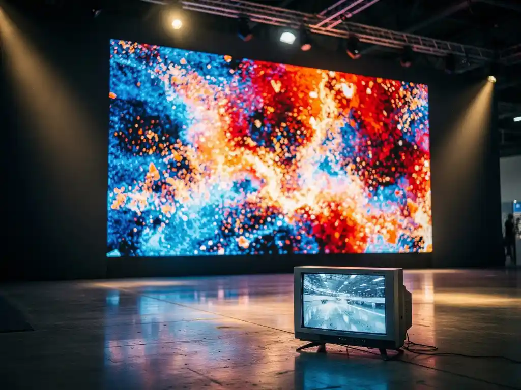 Riesige LED-Videowand mit leuchtenden Farben dominiert einen Messestand, daneben ein kleiner Consumer-Fernseher auf dem Betonboden.