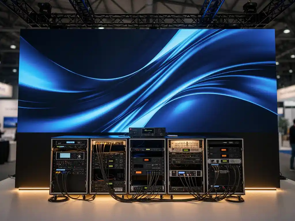 Große LED-Videowand mit 4K-Inhalt in einem Messestand, schwarzes Truss-Rigging, AV-Equipment, navy-blaues und bernsteinfarbenes Licht.