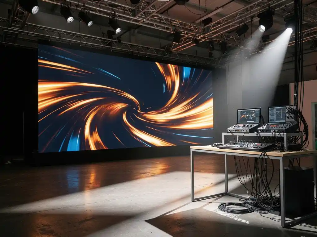 LED-Videowand mit lebendigen Inhalten in einem modernen Messestand, beleuchtet von Spotlights auf Traverse-Rigging.