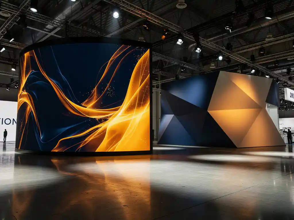 Geschwungene LED-Videowand mit leuchtenden Produktvisuals an einem modernen Messestand, daneben projektionsmappiertes Ausstellungsobjekt in einer großen Messehalle.