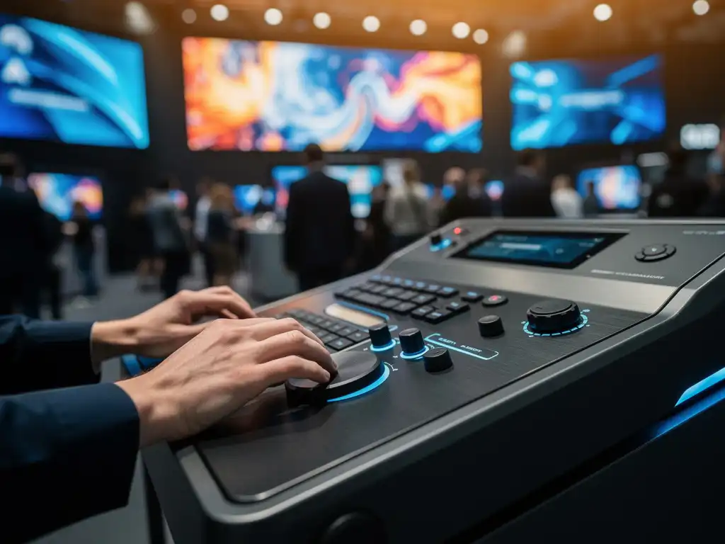 Techniker bedient ein Steuerpult vor leuchtenden LED-Videowänden auf einer Messeausstellung mit Echtzeit-Content-Wiedergabe.