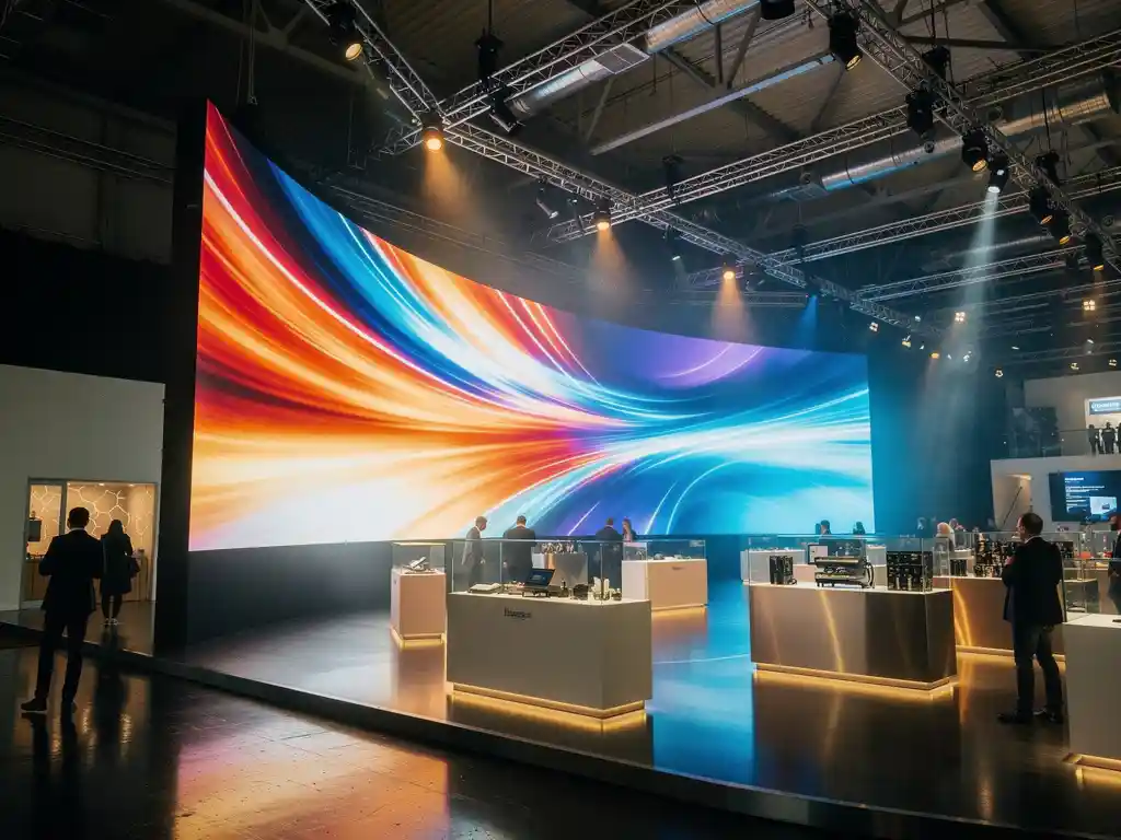 led-wand-messe-ausstellung-beleuchtung.jpg Geschwungene LED-Wand mit leuchtenden Inhalten auf europäischer Messe, umgeben von Ausstellungsständen und Truss-Beleuchtung in Blau- und Goldtönen.