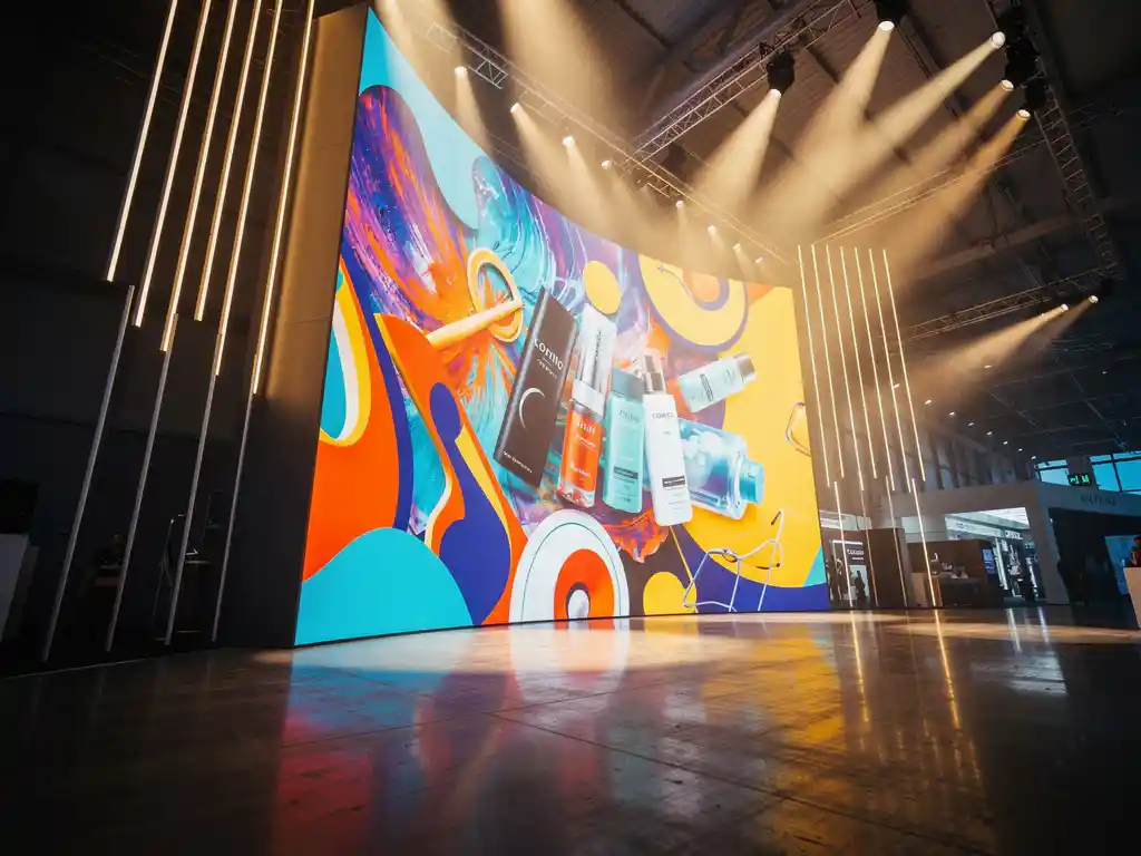 Geschwungene LED-Wand mit leuchtenden Produktvisualen in einer modernen Messehalle mit poliertem Betonboden und Spotlights.