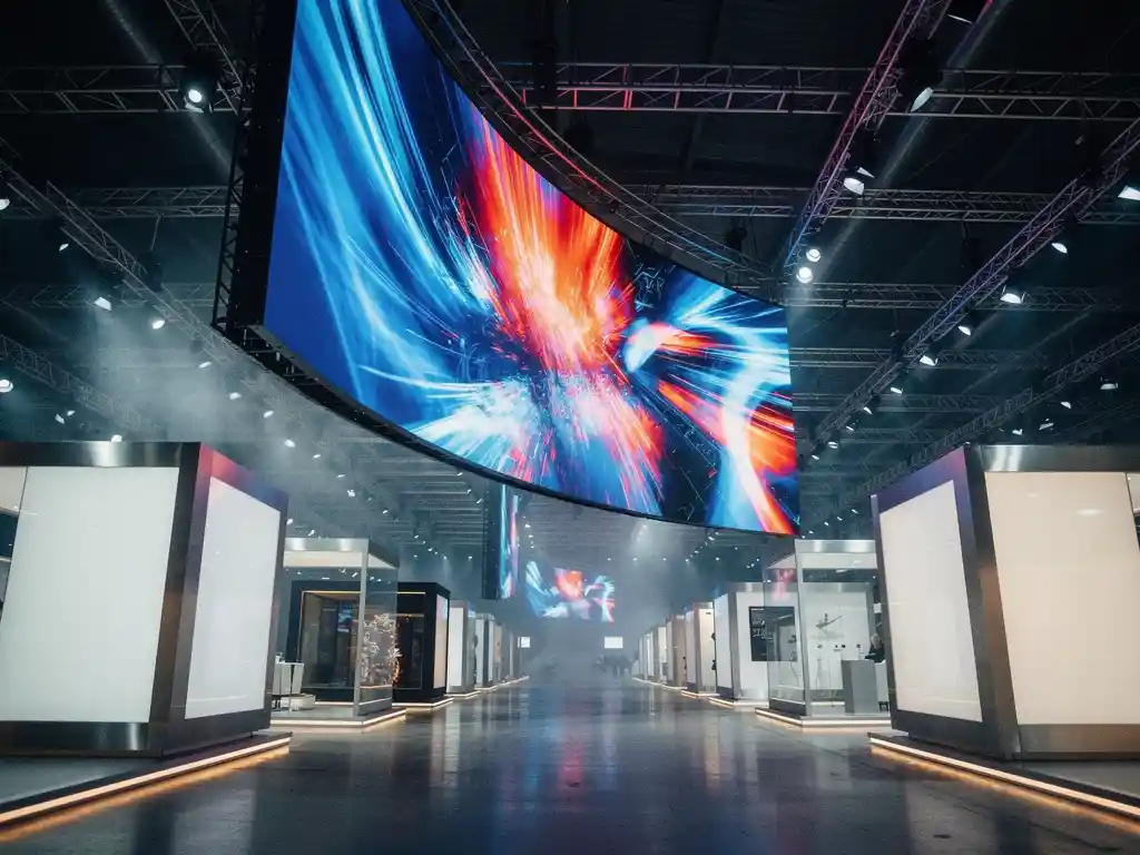 Geschwungene LED-Wand mit leuchtendem Inhalt in einer europäischen Messehalle mit Ausstellungsständen, Traversen und blau-goldenem Licht.