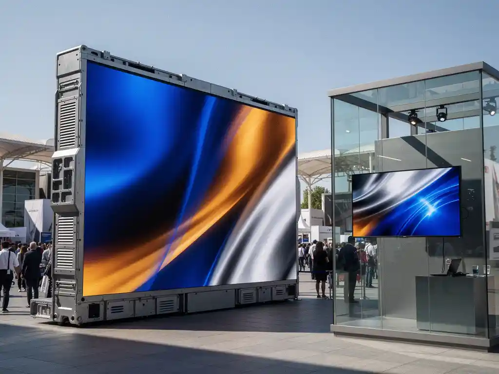 Großformatige Outdoor-LED-Wand am sonnenbeschienenen Messeeingang neben einem leuchtenden Indoor-LED-Display in einem Glasstand.