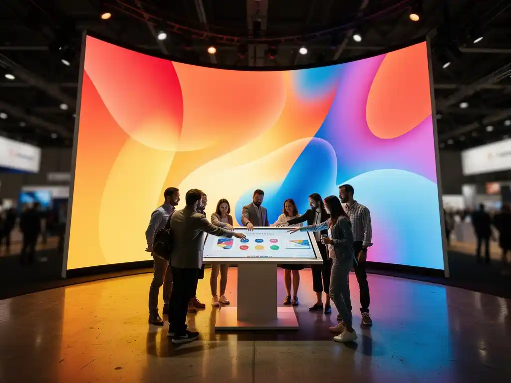 messe-led-wand-interaktiv-touchscreen.jpg Besucher interagieren mit einem beleuchteten Touchscreen vor einer geschwungenen LED-Wand auf einer Messe, warmes Licht auf Betonboden.