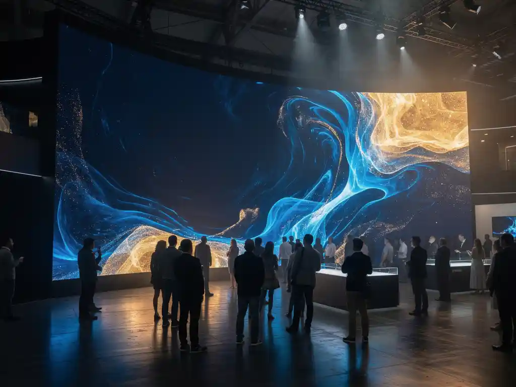 Geschwungene LED-Videowand mit abstrakten Lichtvisualisierungen an einem Messestand, Besucher im blauen und goldenen Schein des Displays.