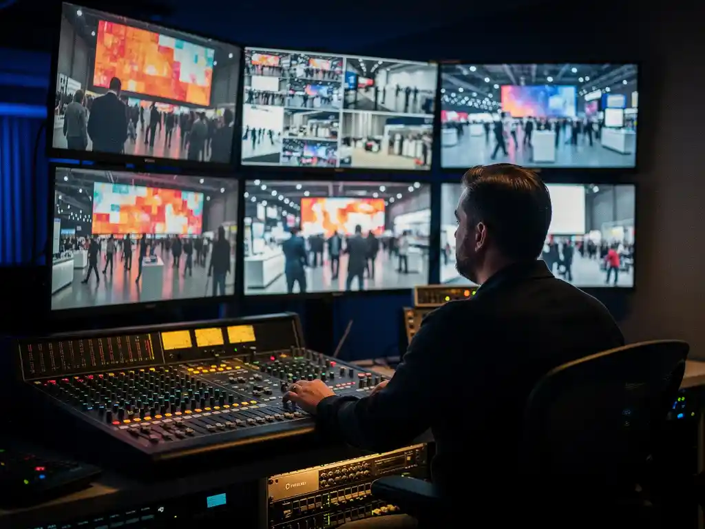 Techniker überwacht in abgedunkeltem Regieraum mehrere Bildschirme mit Live-AV-Feeds einer Messehalle, Mischpult und Netzwerk-Rack im Vordergrund.