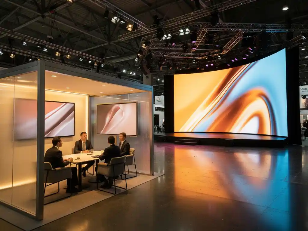 Europäische Messehalle mit B2B-Meetingpod und mattem Bildschirm links, riesiger geschwungener LED-Wand in leuchtendem Blau und Amber rechts.
