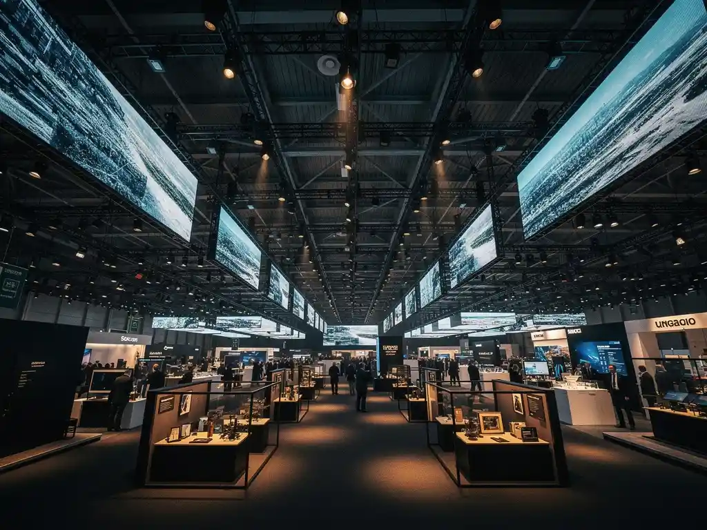 Weitläufige Messehalle mit LED-Videowänden auf Truss-Konstruktionen, belebtem Ausstellungsboden und Standpräsentationen im Vordergrund.