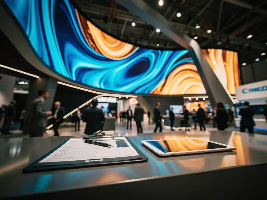 Messestand mit geschwungenem LED-Display, leuchtendem Produktvisual in Blau und Amber, Tablet und Klemmbrett auf poliertem Tresen im Vordergrund.