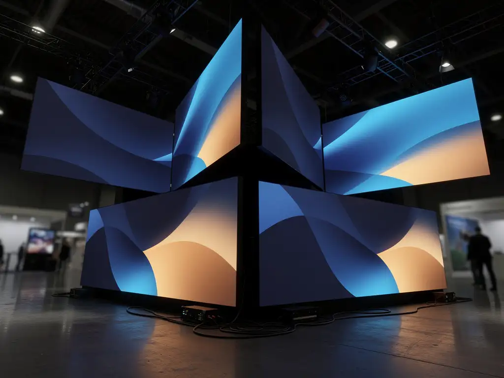 Messstand mit synchronisierten LED-Screens in Blau- und Bernsteintönen, dramatische Froschperspektive auf poliertem Betonboden in dunkler Ausstellungshalle.