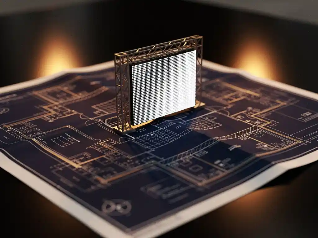 Architektonischer Grundriss eines Messestand-Layouts auf schwarzem Boden, mit Mini-LED-Panel und Truss-Modell, beleuchtet von warmem Bernsteinlicht.