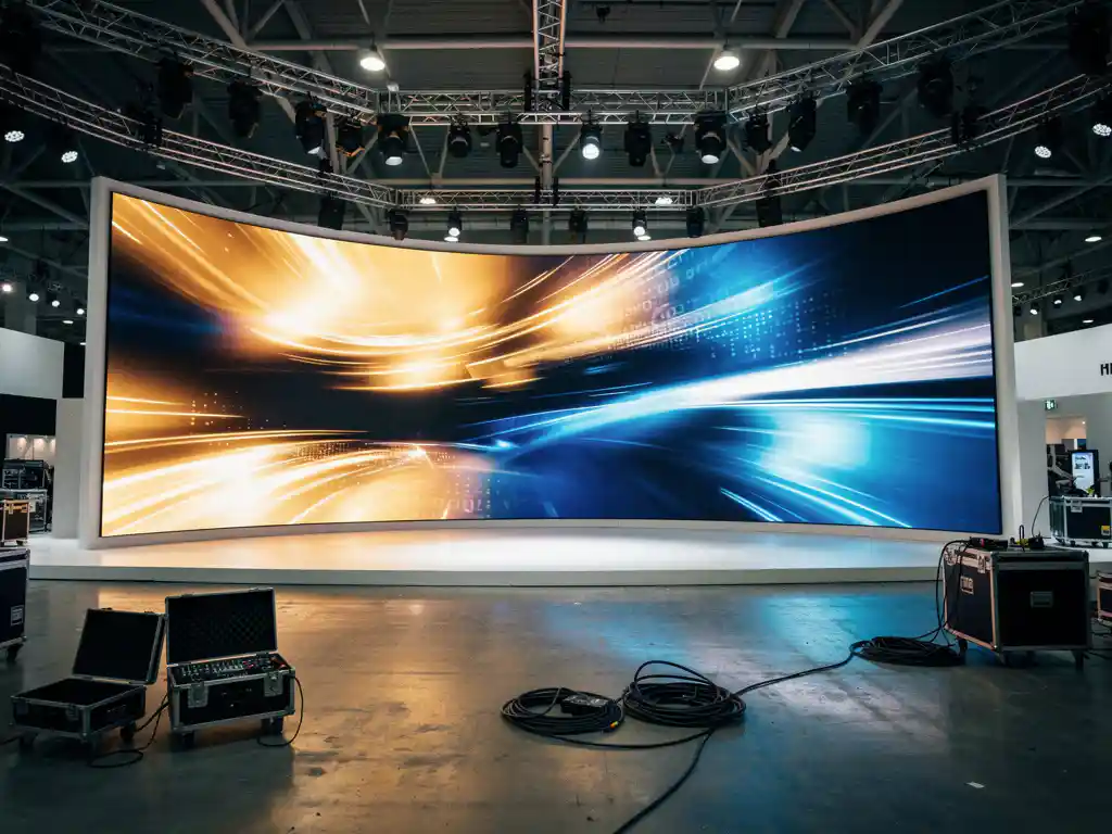 Geschwungene LED-Wand mit leuchtendem Content in einem modernen Messestand, Truss-Rigging, Betonboden mit blau-goldenem Lichtreflex.